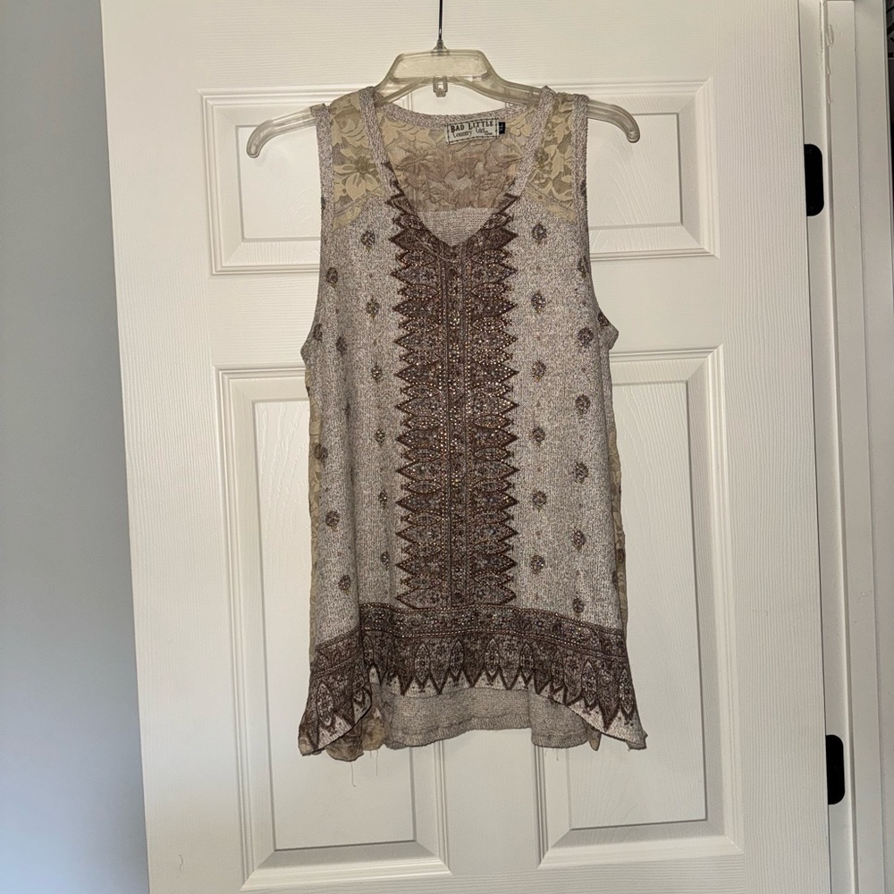 Sleeveless Brown and Cream Women's Top with Rhinestone & Lace Details